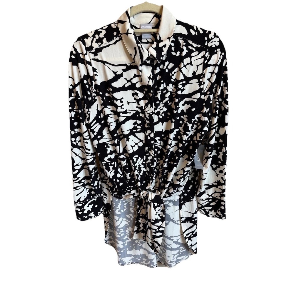 Chicos Women's Blouse Size 1‎ Black White Wrinkle Free Stretch Asymmetrical Hem